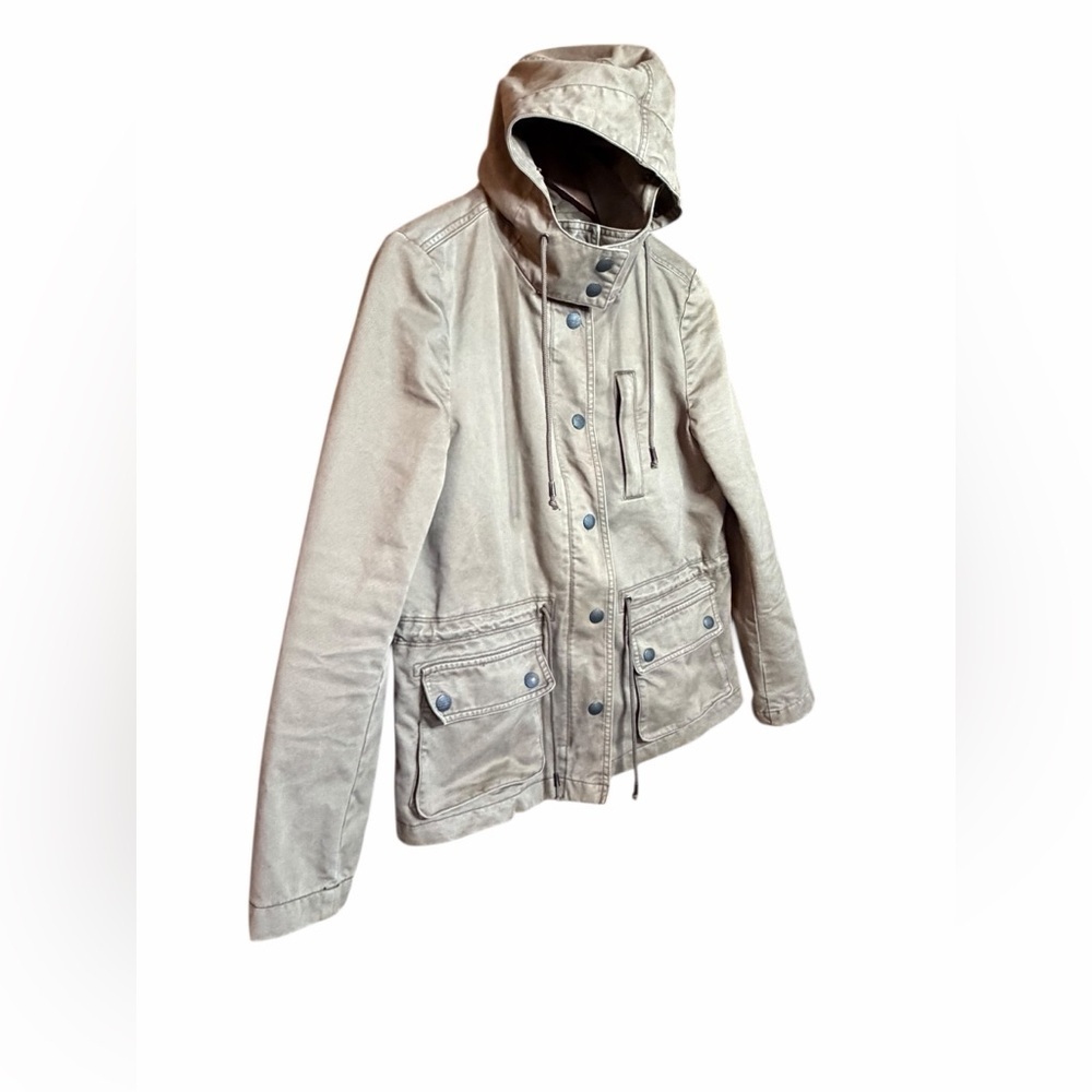 LOFT Tan Hooded field barn Jacket Button front and zipper cinched waist-SZ M - Picture 2 of 12